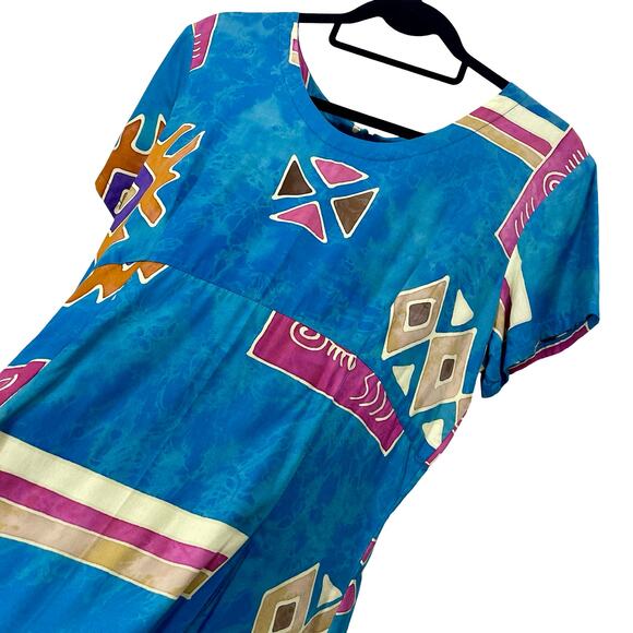 Vintage 90s Blue Tropical Tantrum Rayon Babydoll Mini Dress Large - Picture 6 of 8